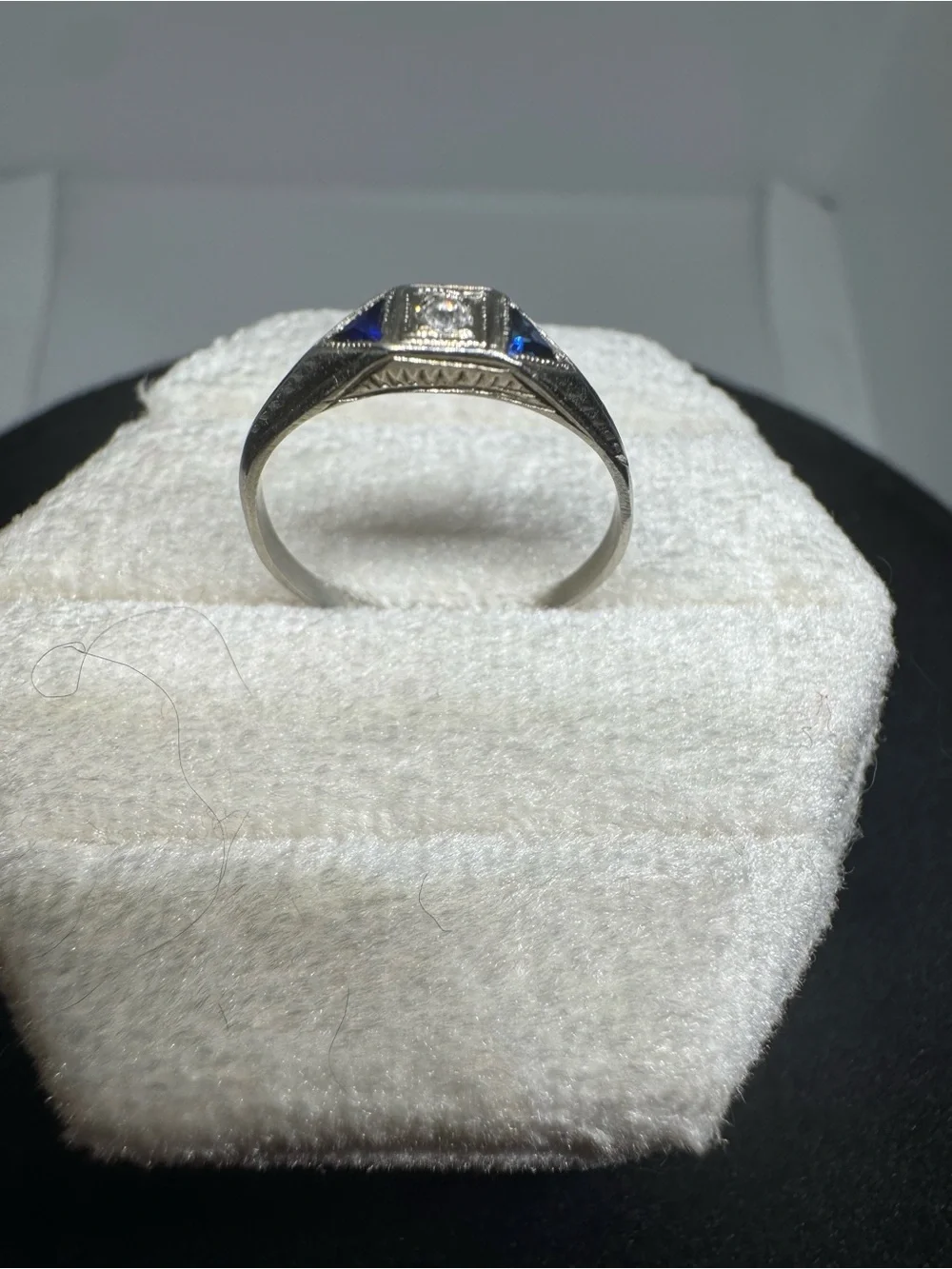 Antique Art Deco 1920s 14K White Gold Natural Sapphire & Diamond Ring Size 5.75